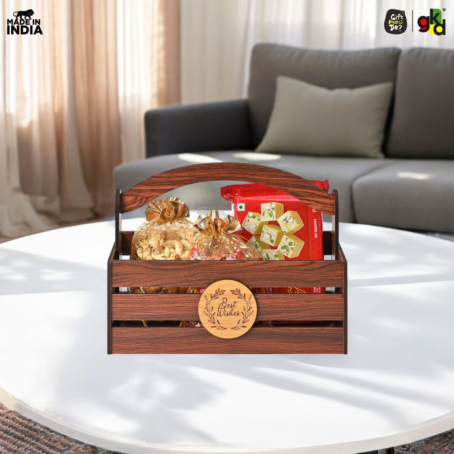 Premium Wooden Basket with Handle for Gifting and Home Decor | Eco-friendly Gift Hamper Basket | Wedding Gift Return Gift