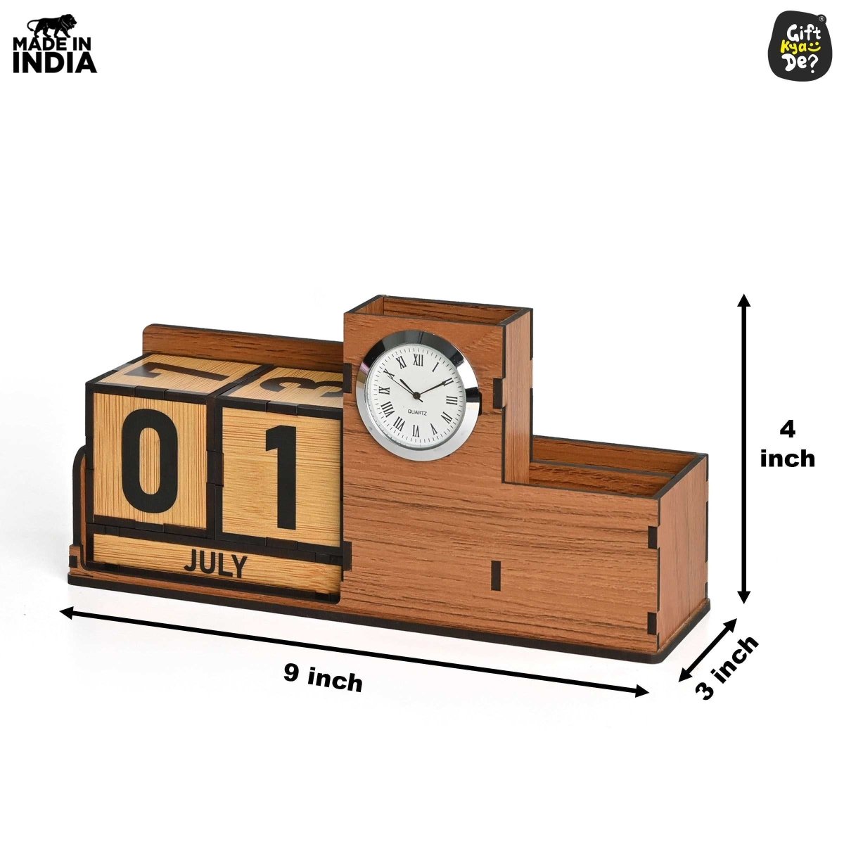 Wooden Desk Organizer with Lifetime Calendar and Clock | High-Quality Workspace Essential | Eco-Friendly