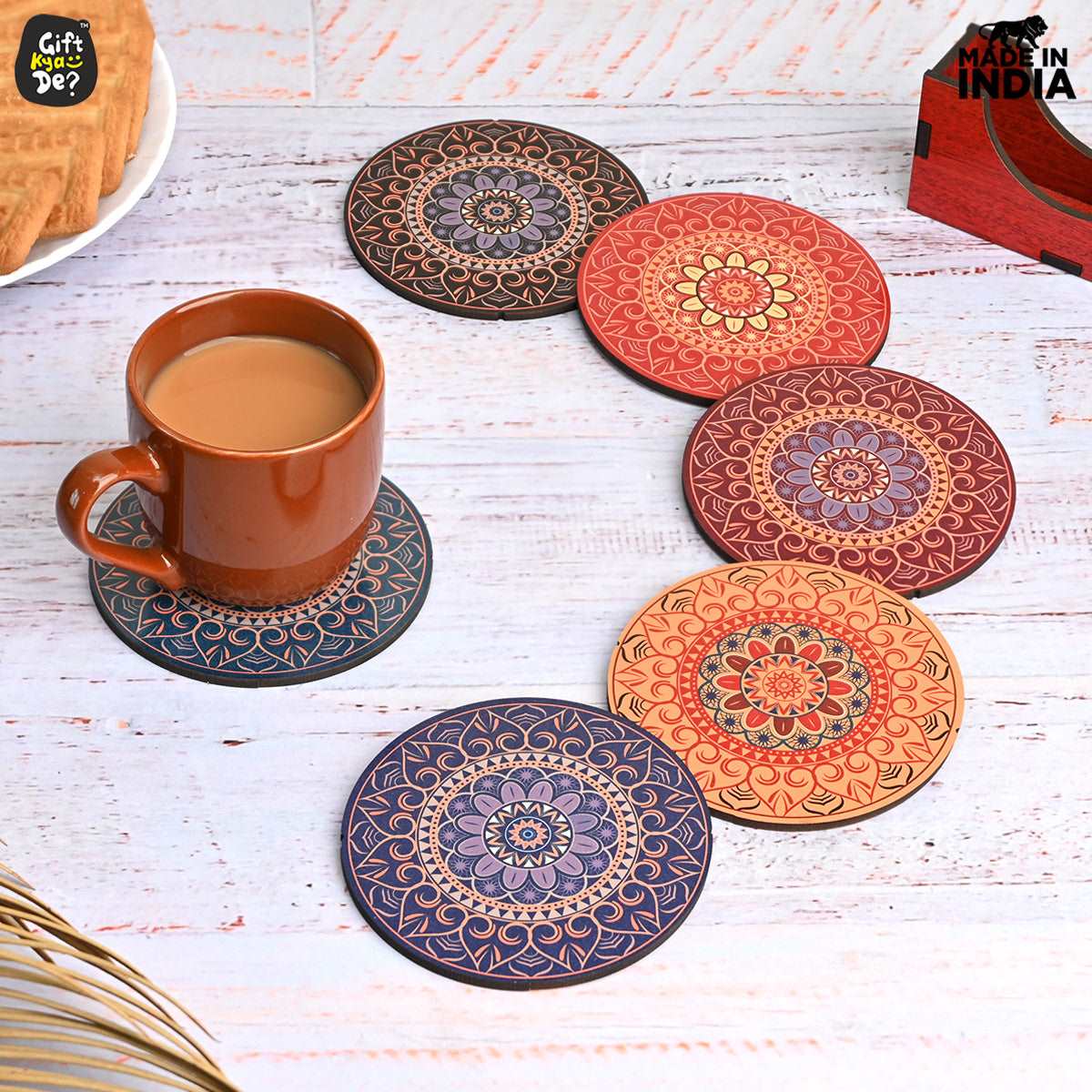 Coaster Set of 6 Beautiful Wooden Coasters with Stand | Fit for Tea Cups, Coffee Mugs and Glasses
