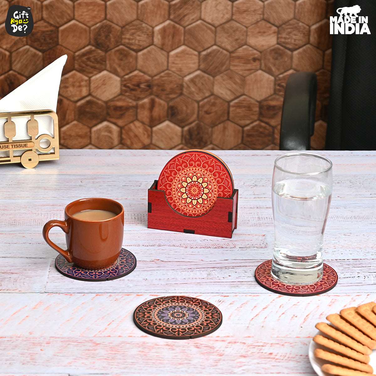Coaster Set of 6 Beautiful Wooden Coasters with Stand | Fit for Tea Cups, Coffee Mugs and Glasses