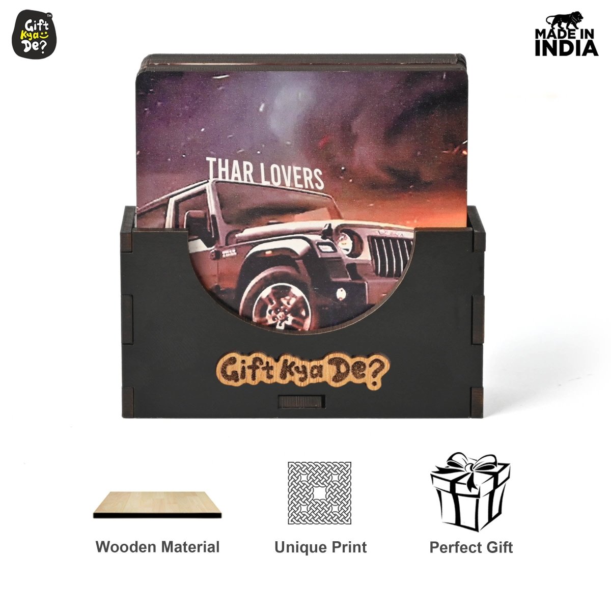 Coaster Set of 6 Bullet Bike & Thar Car Lover | Gifts with Proper Coaster Stand | Set fit for Tea Cups, Coffee Mugs and Glasses (Square 3.8 X 3.8 Inch)