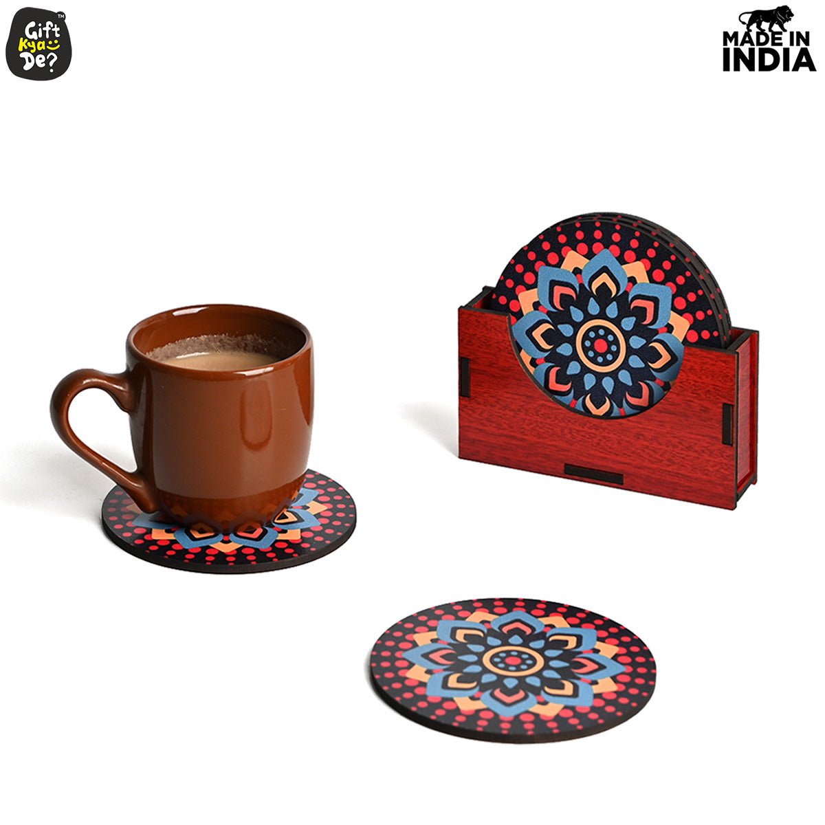 Coaster Set of 6 Beautiful Wooden Coasters with Stand | Fit for Tea Cups, Coffee Mugs and Glasses