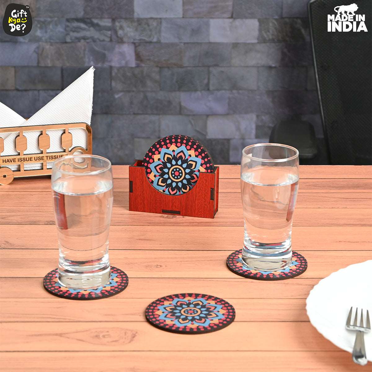 Coaster Set of 6 Beautiful Wooden Coasters with Stand | Fit for Tea Cups, Coffee Mugs and Glasses