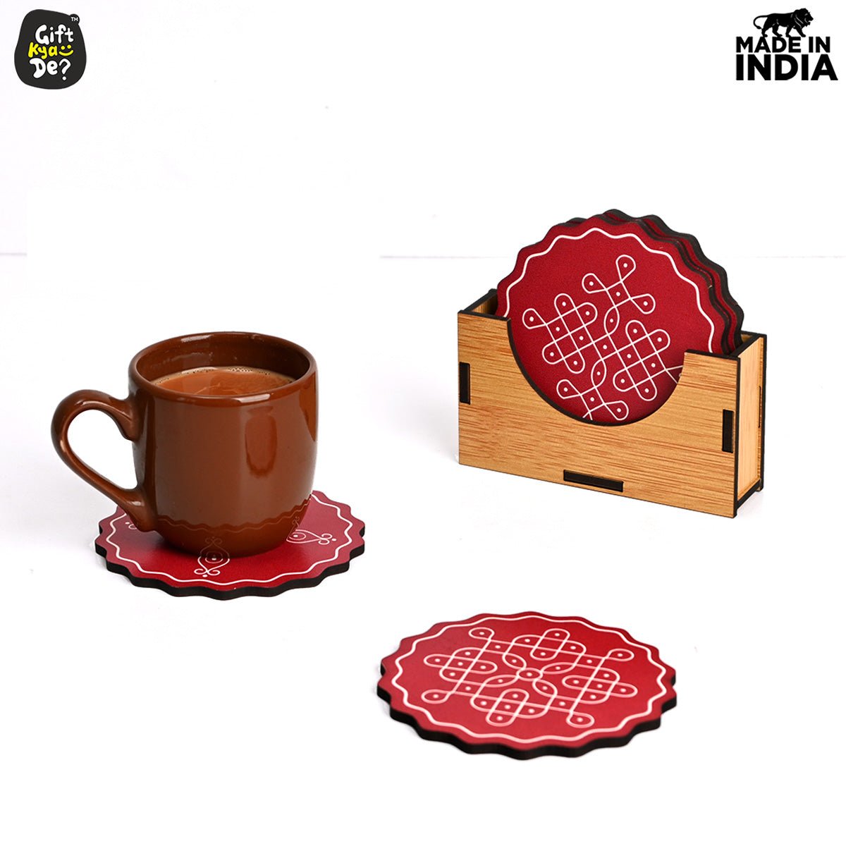 Coaster Set of 6 Beautiful Wooden Coasters with Stand | Fit for Tea Cups, Coffee Mugs and Glasses