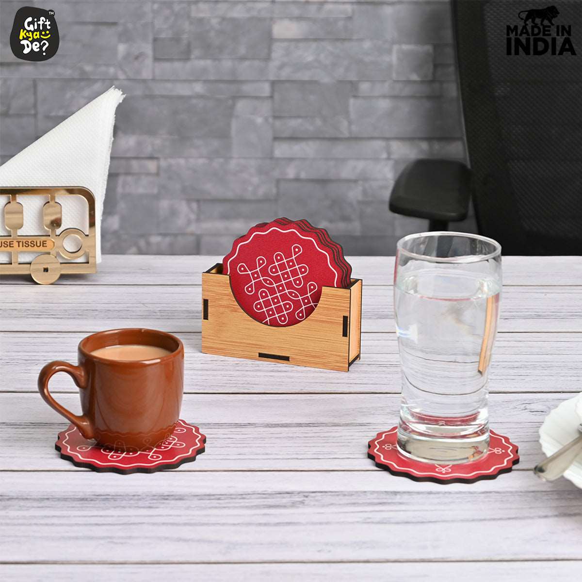 Coaster Set of 6 Beautiful Wooden Coasters with Stand | Fit for Tea Cups, Coffee Mugs and Glasses