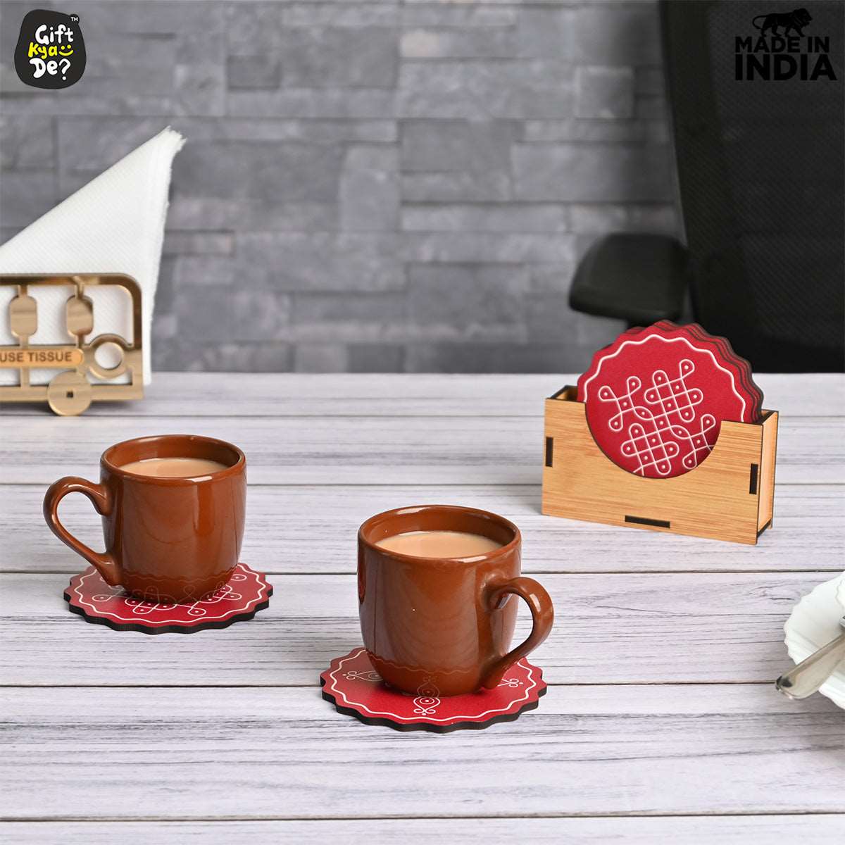 Coaster Set of 6 Beautiful Wooden Coasters with Stand | Fit for Tea Cups, Coffee Mugs and Glasses