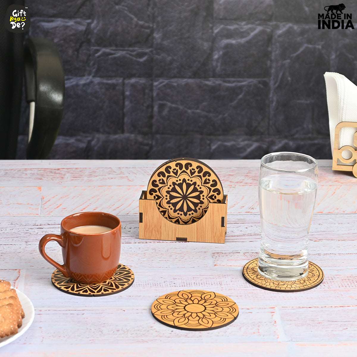 Coaster Set of 6 Beautiful Wooden Coasters with Stand | Fit for Tea Cups, Coffee Mugs and Glasses