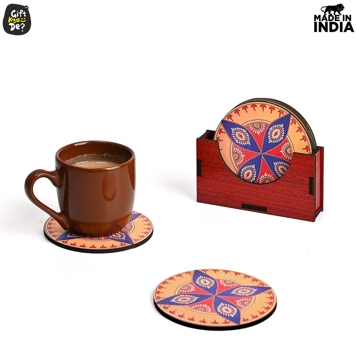 Coaster Set of 6 Beautiful Wooden Coasters with Stand | Fit for Tea Cups, Coffee Mugs and Glasses
