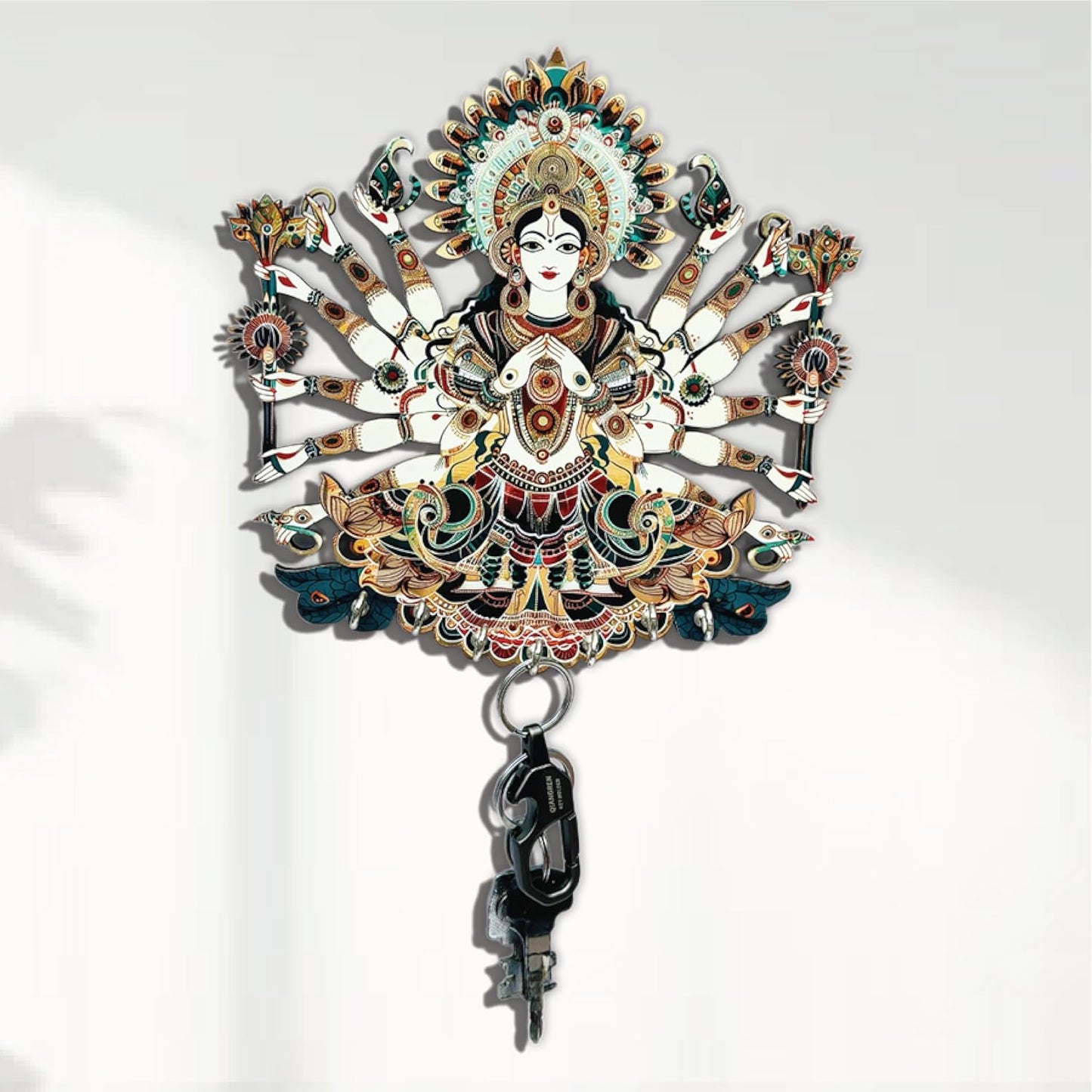 MustHome Premium Durga Ji Wooden Key Holder, 6 Hooks|20 x 10 cm