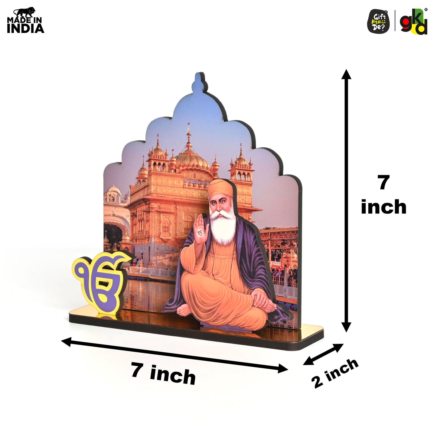 Guru Nanak Dev Ji & Guru Gobind Singh Ji Wooden Table Top Idols with Golden Temple Background | Spiritual Decor for Home & Office | Sikh Religious Gift