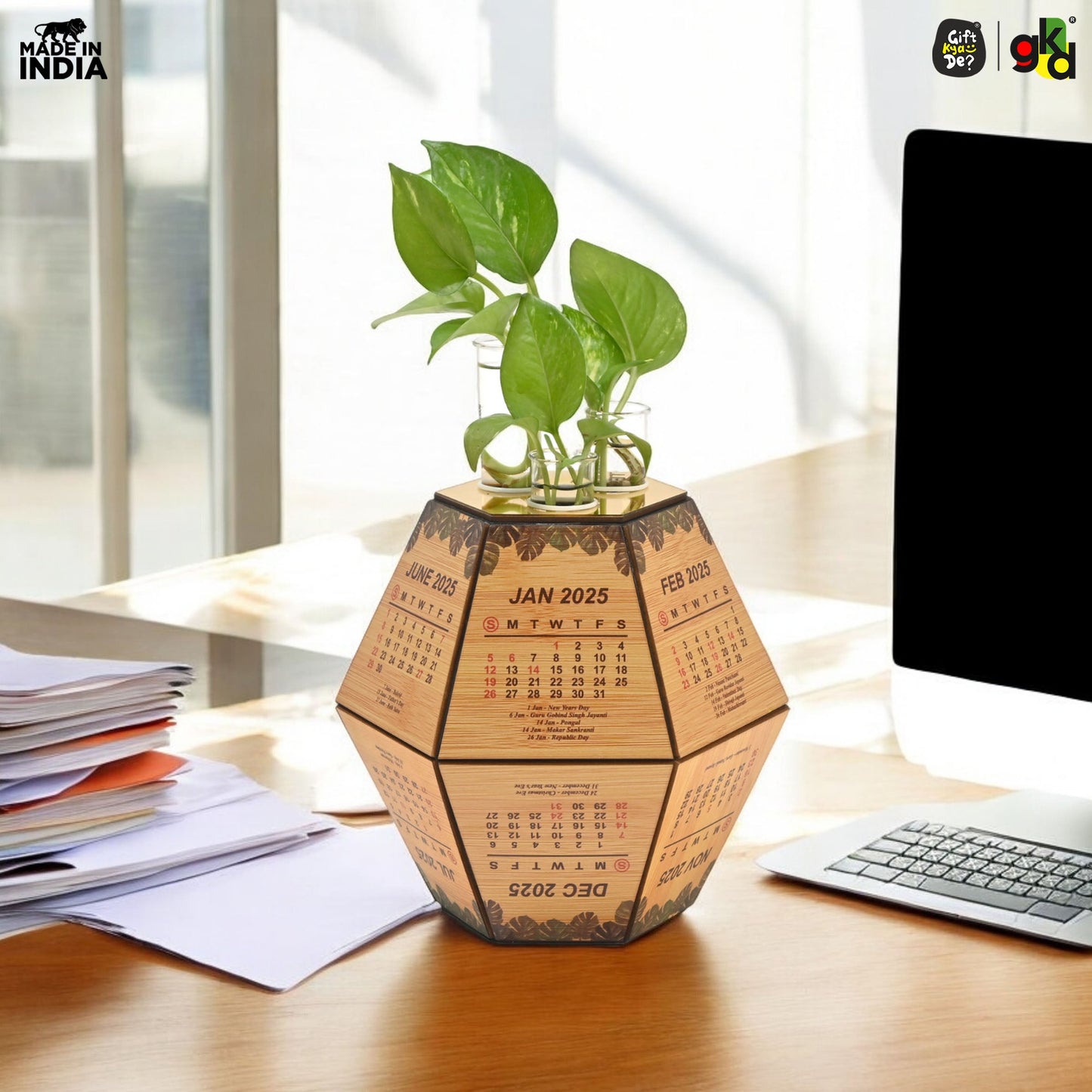 Test Tube Planter with Wooden Holder / Calendar 2025, Table Top Decor Planters | Hexagon Design | Corporate Gifts