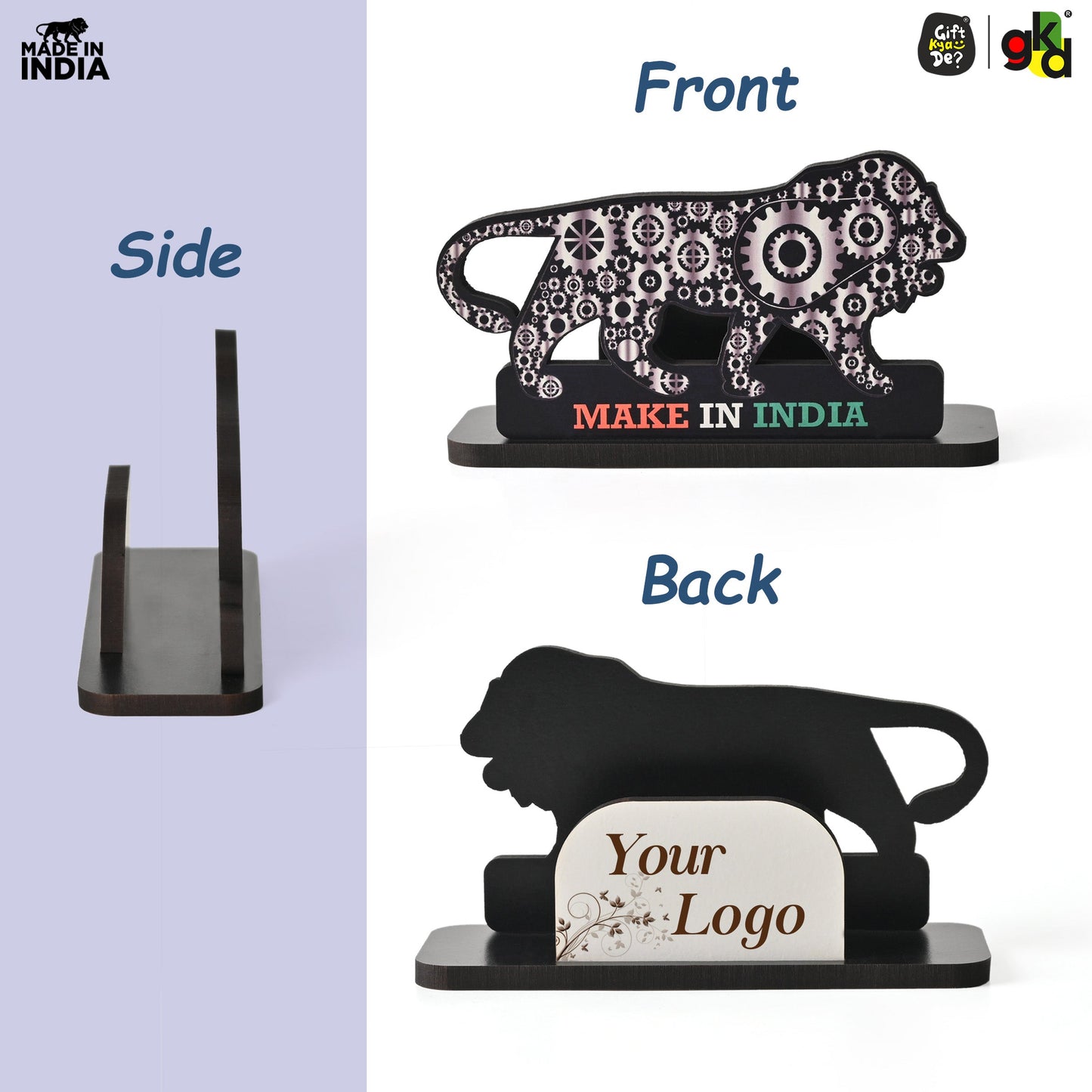 Make In India Themed Visiting Card Stand, Decorative Lion Gear Pattern Design