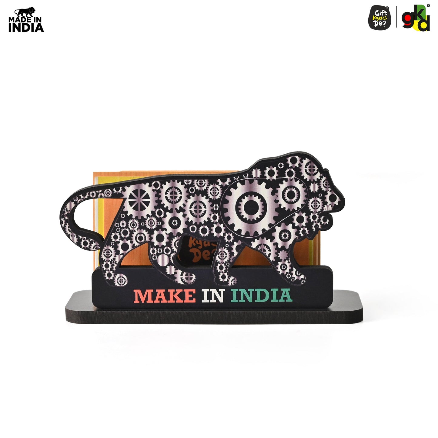 Make In India Themed Visiting Card Stand, Decorative Lion Gear Pattern Design