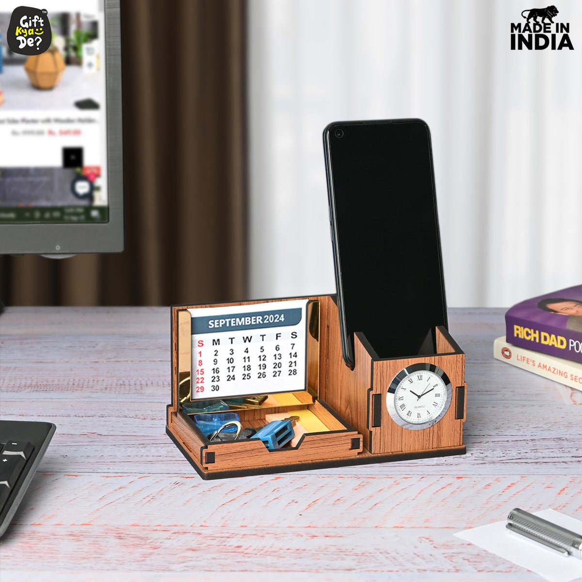 Mini Desk Organizer with Clock & Calendar 2025 | Desk Calendar | Desk Accessories