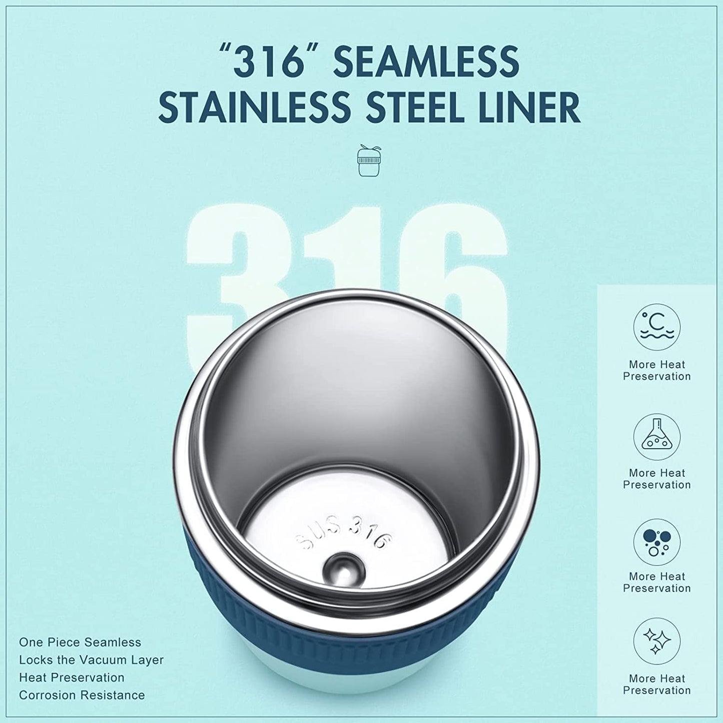 MustHome Satinless Steel Coffee Mug with lid Travel Mug Blue 500ml