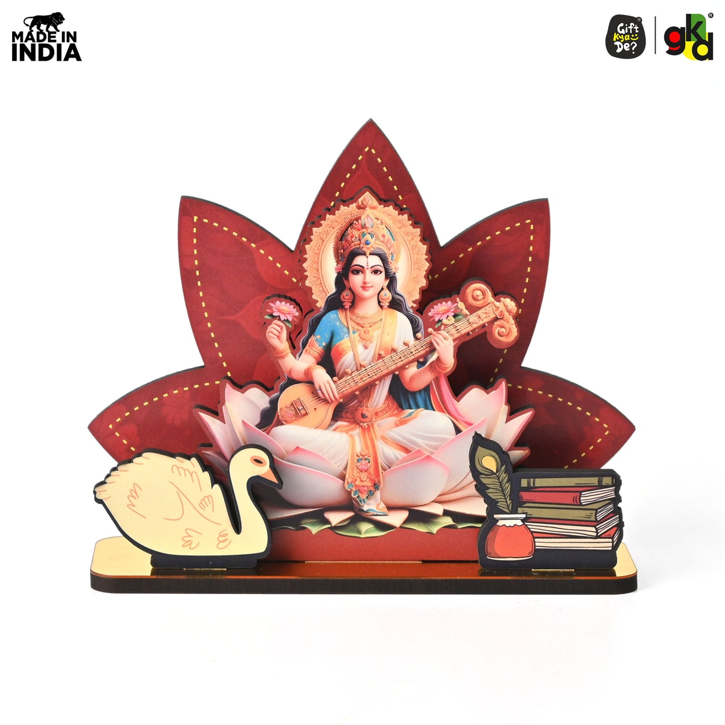 Saraswati Maa Wooden Table Top | Desk Decor for Wisdom & Knowledge | Gift for Students & Professionals