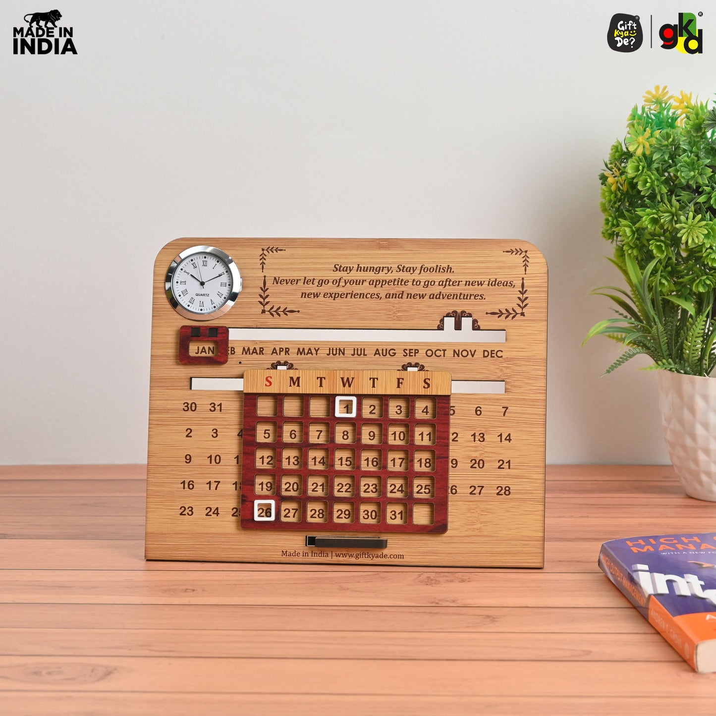 Wooden Lifetime Desk Calendar With Clock | Table Calendar For Office & Home | Eco Friendly