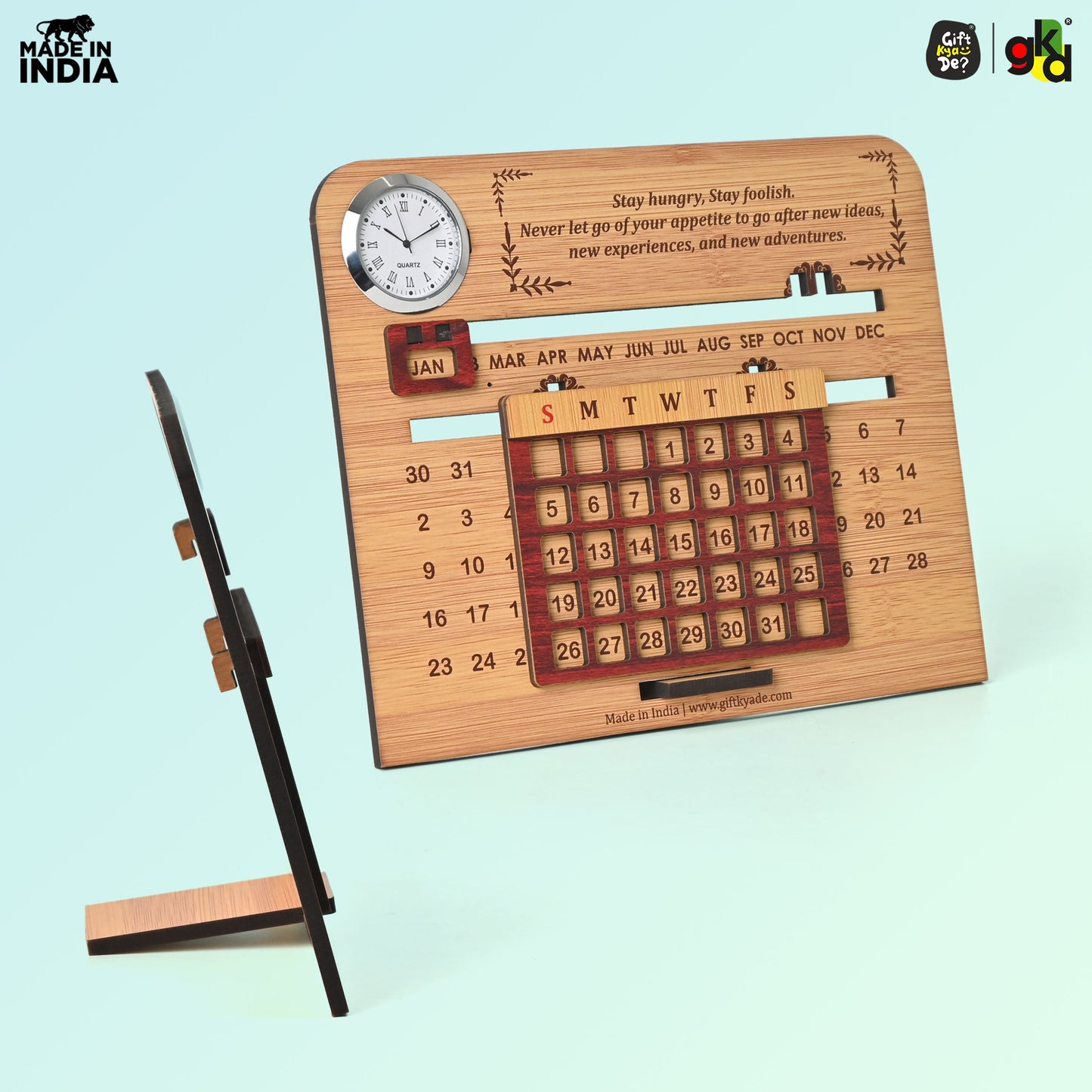 Wooden Lifetime Desk Calendar With Clock | Table Calendar For Office & Home | Eco Friendly