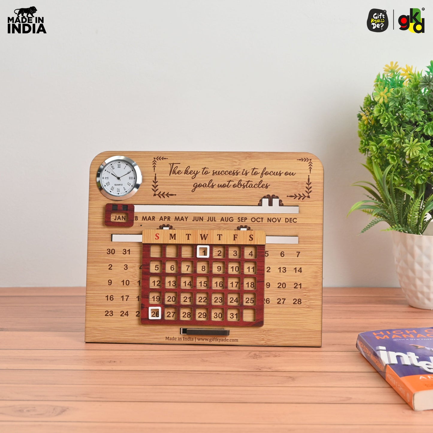 Wooden Lifetime Desk Calendar With Clock | Table Calendar For Office & Home | Eco Friendly