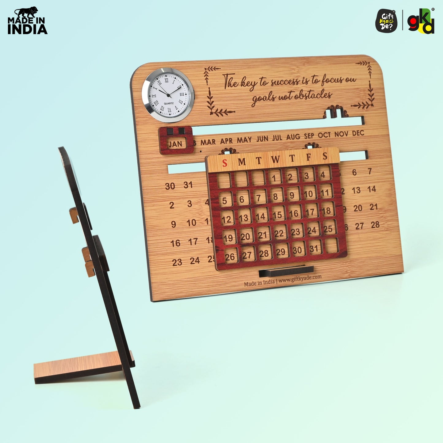 Wooden Lifetime Desk Calendar With Clock | Table Calendar For Office & Home | Eco Friendly