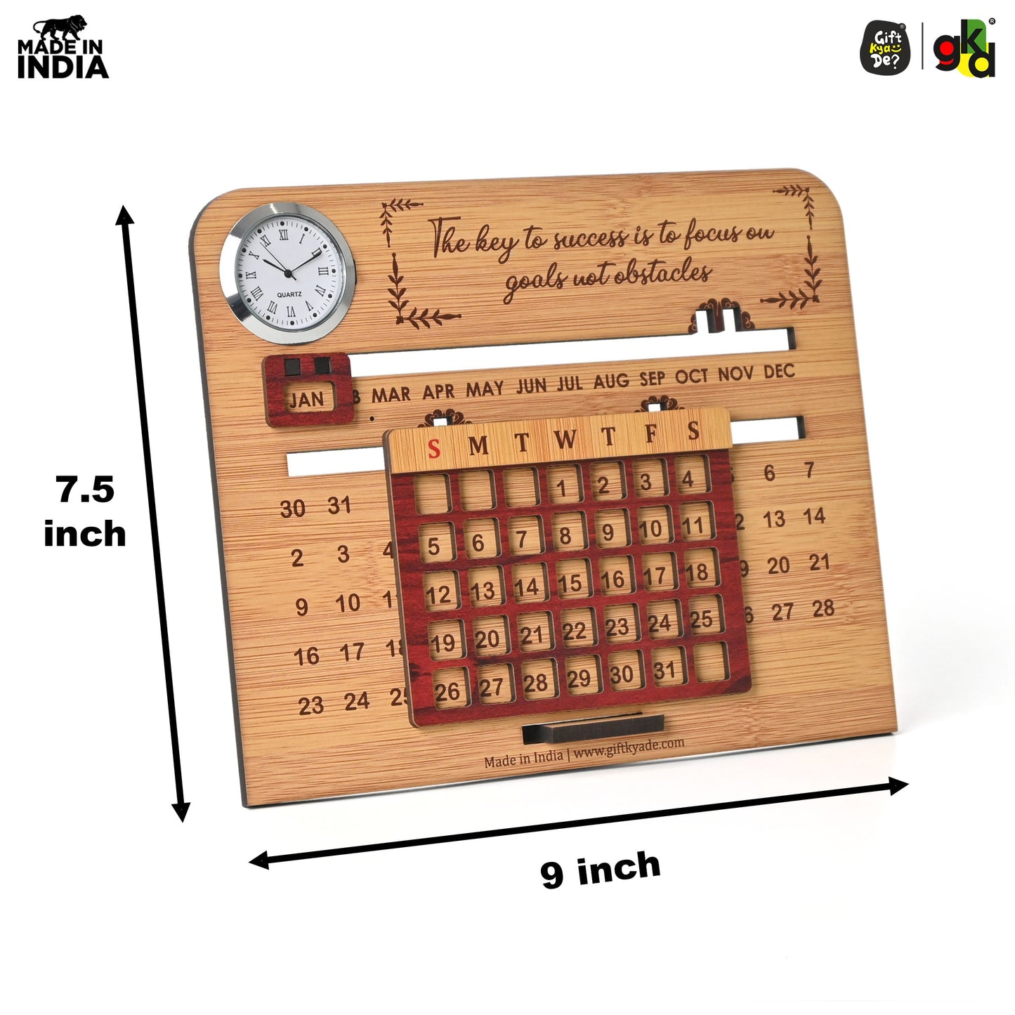 Wooden Lifetime Desk Calendar With Clock | Table Calendar For Office & Home | Eco Friendly