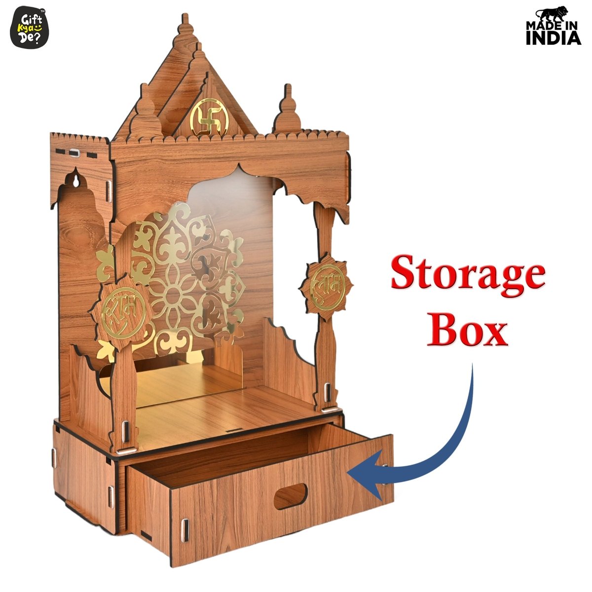 Wooden Temple For Home & Office | Premium 3D Golden Cutwork Design | Mandir With Storage Drawer (DIY)