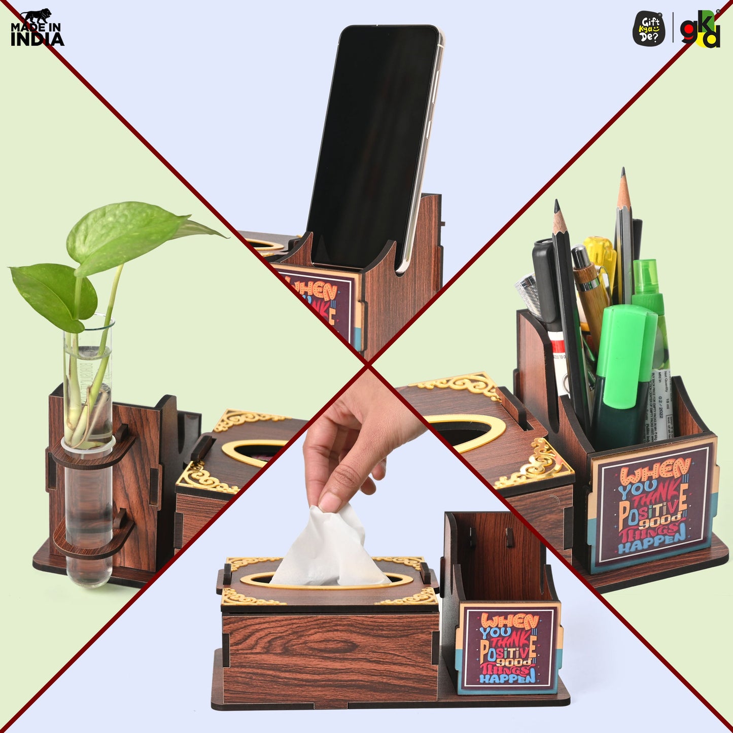 Wooden Desk Organizer with Tissue Holder and Test Tube Planter, Multipurpose Office and Home Desk Accessory – Customizable with Name and Logo