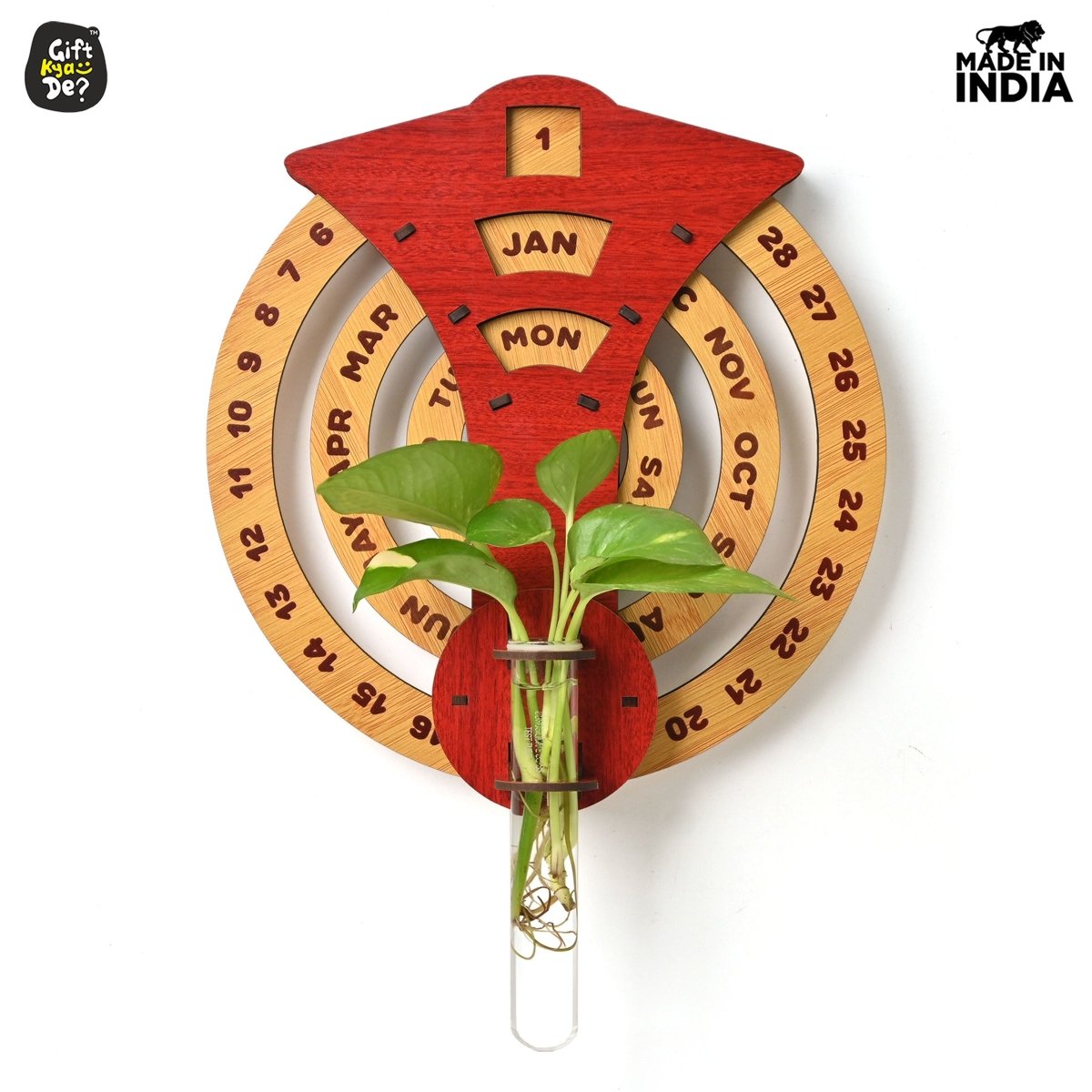 Infinite Circular Wall Calendar (Red Theme) | Wood Calendar & Test Tube Planter | New Year Gift