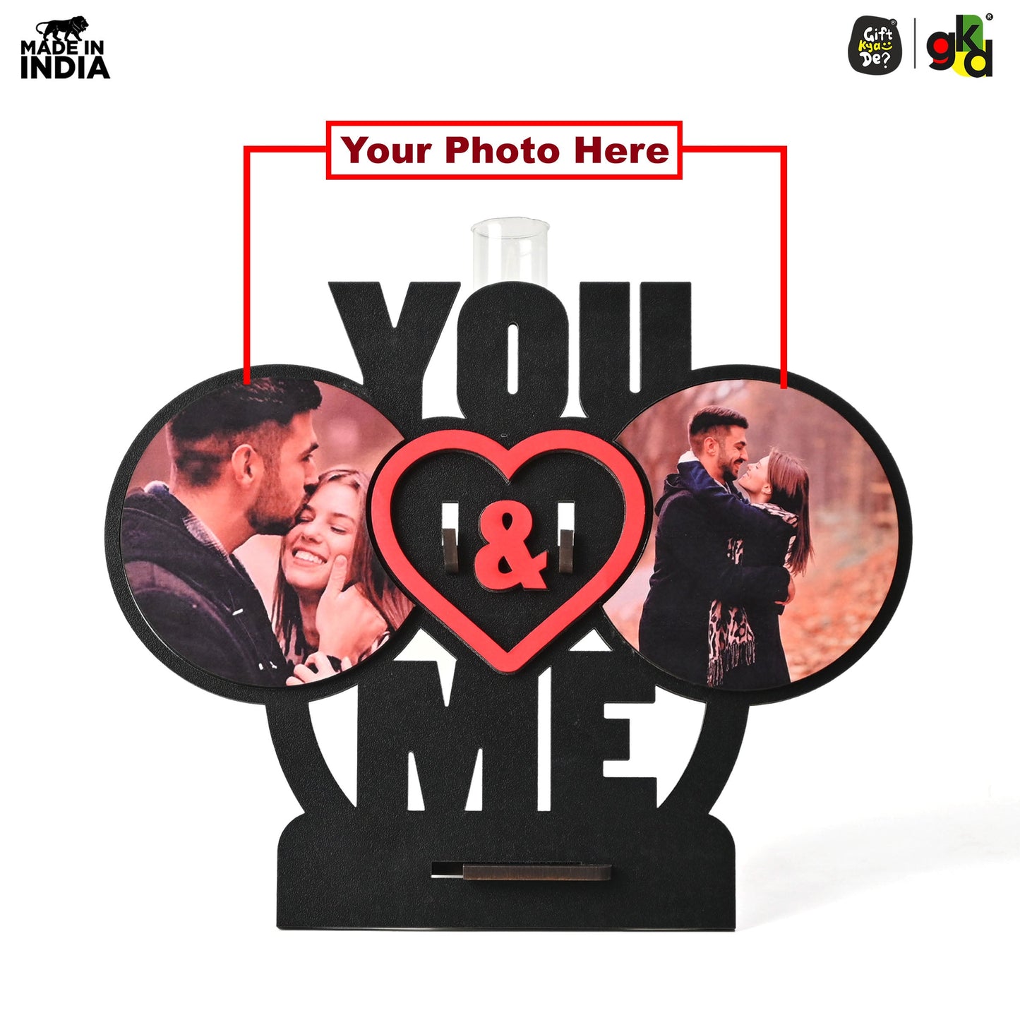 You & Me Wooden Table Top & Personalized Photo Frame with Test Tube Planter – Romantic Valentine's Day Gift