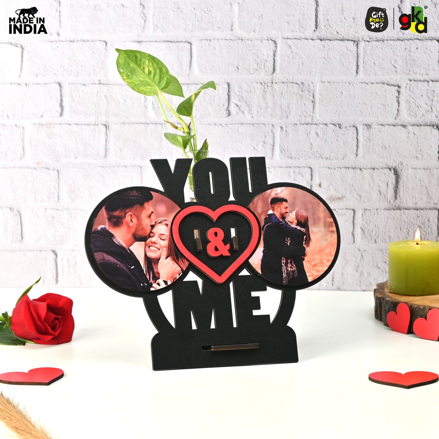 You & Me Wooden Table Top & Personalized Photo Frame with Test Tube Planter – Romantic Valentine's Day Gift