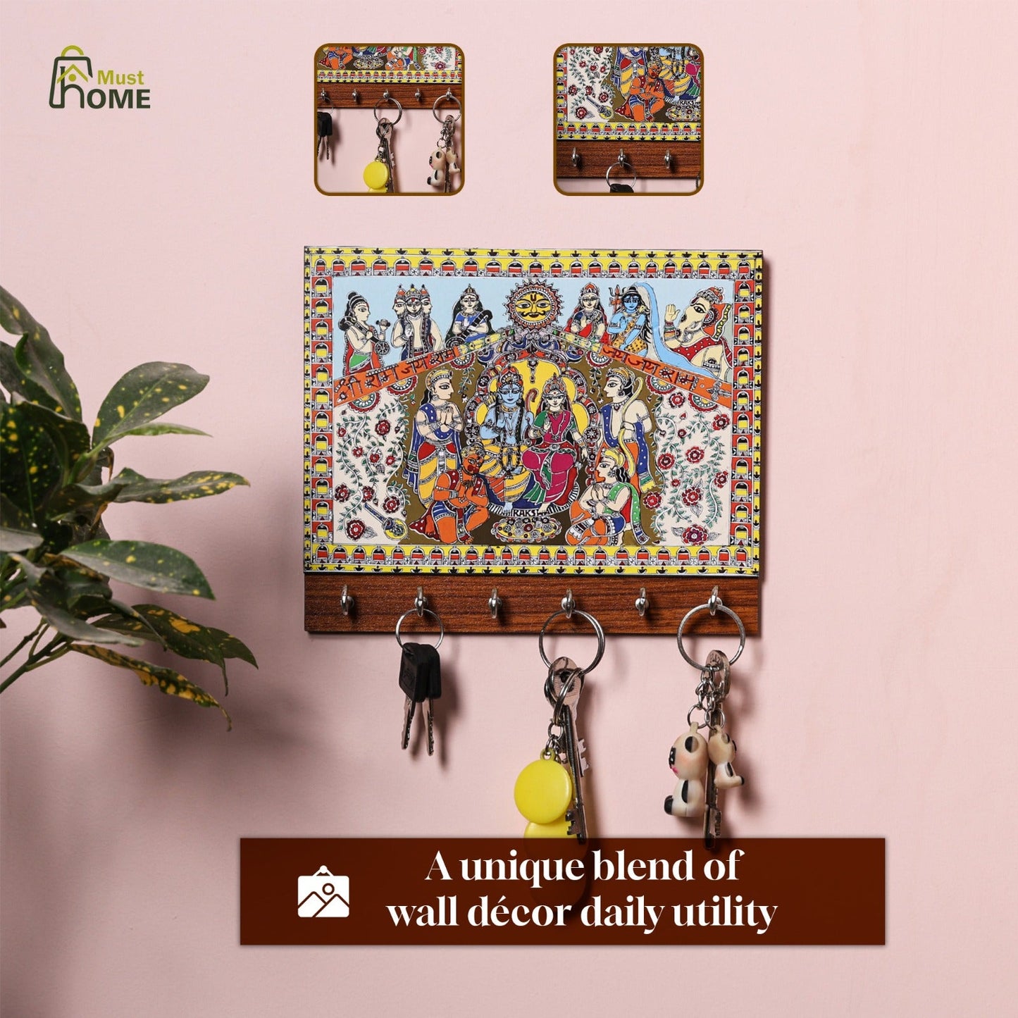MustHome Premium  Madhubani Lord Ram Family Home Keys Wooden Key Holder