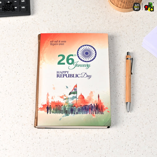 Wooden Diary with Republic Day Theme – Patriotic Gift for Republic Day Celebrations – Eco-friendly Wooden Journal