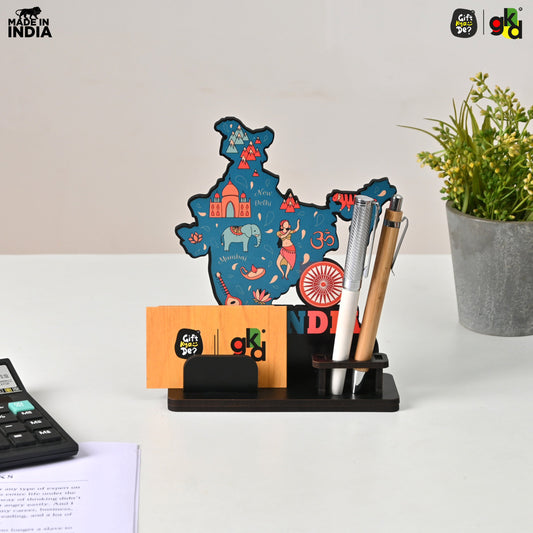 India Map Desk Table Top with Pen Holder & Visiting Card Stand – Showcasing Iconic Places, Pride Animals, and Culture | Patriotic Gifts for Republic Day & Independence Day