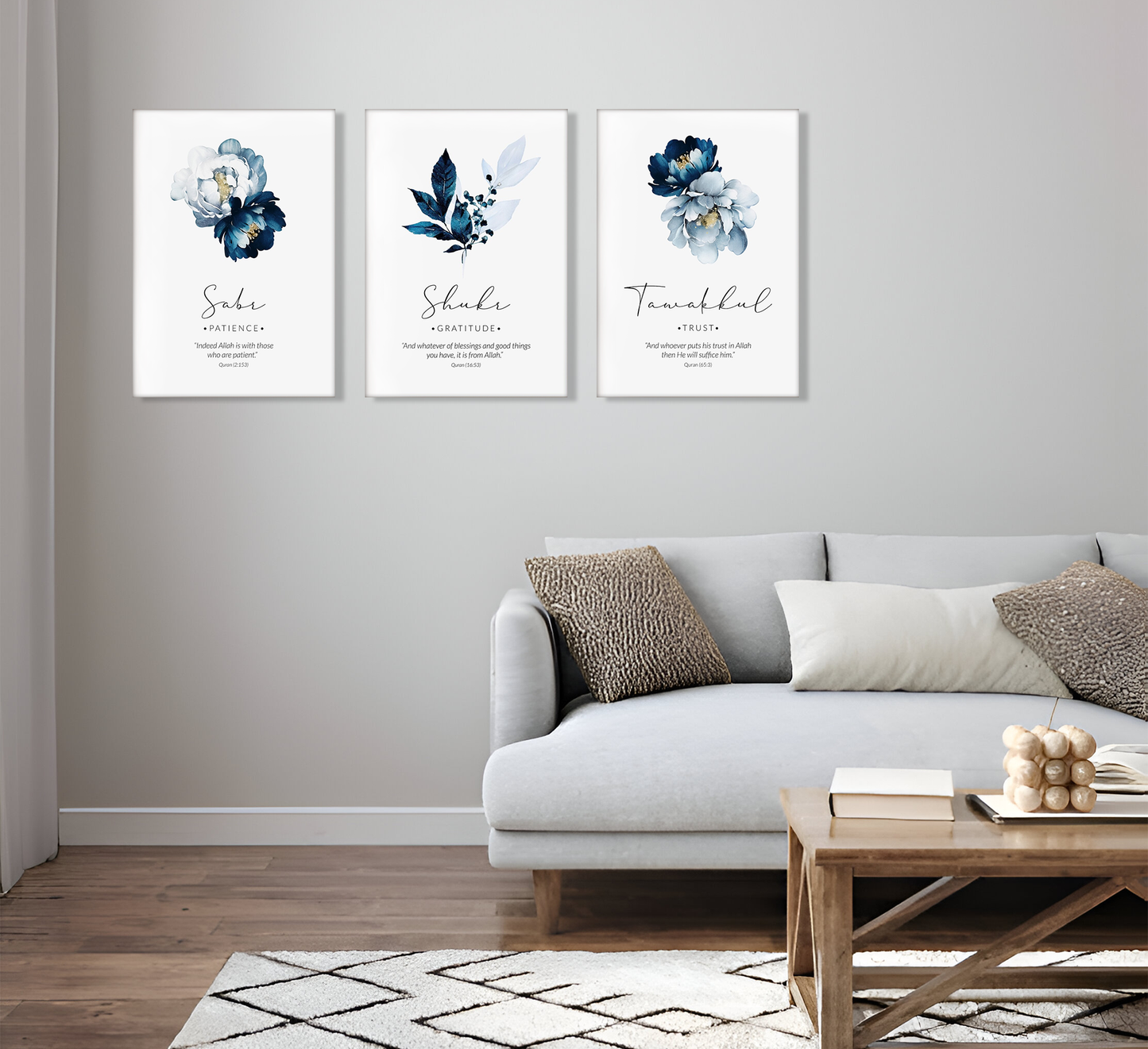 Sabr Shukr Tawakkul Flowers  Islamic Canvas Wall Painting Set of 3
