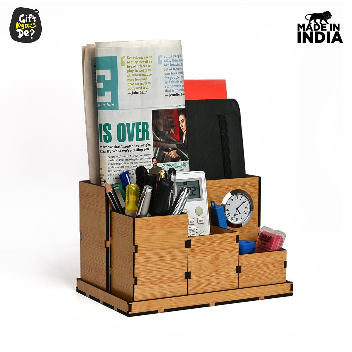 Wooden Multipurpose Desk Organizer | Table Clock | 4 Compartment Organizer