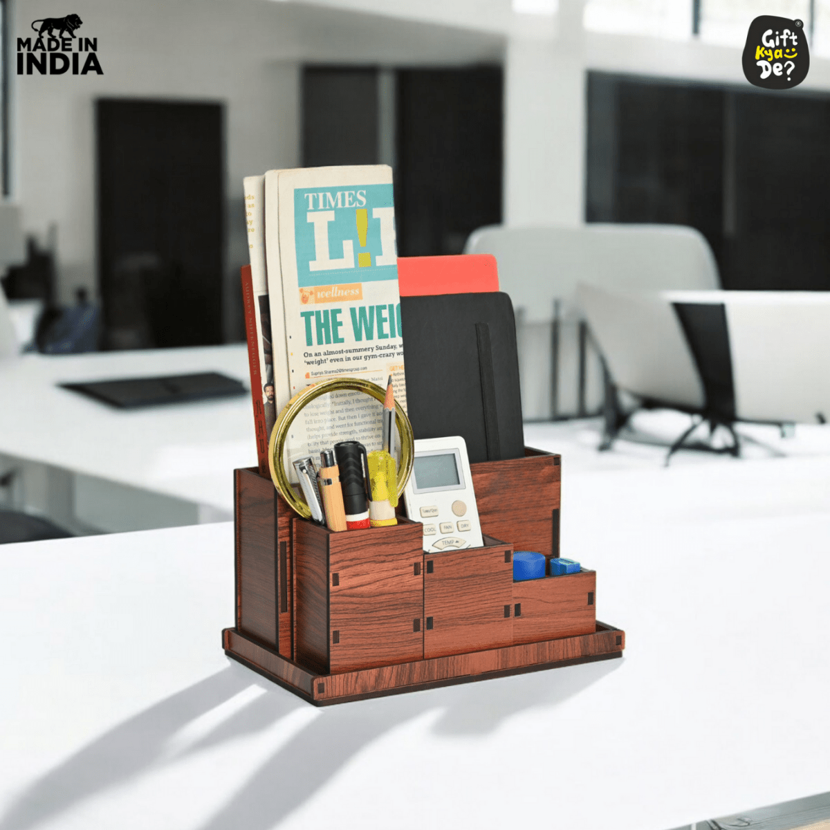 Wooden Multipurpose Desk Organizer | Table Clock | 4 Compartment Organizer