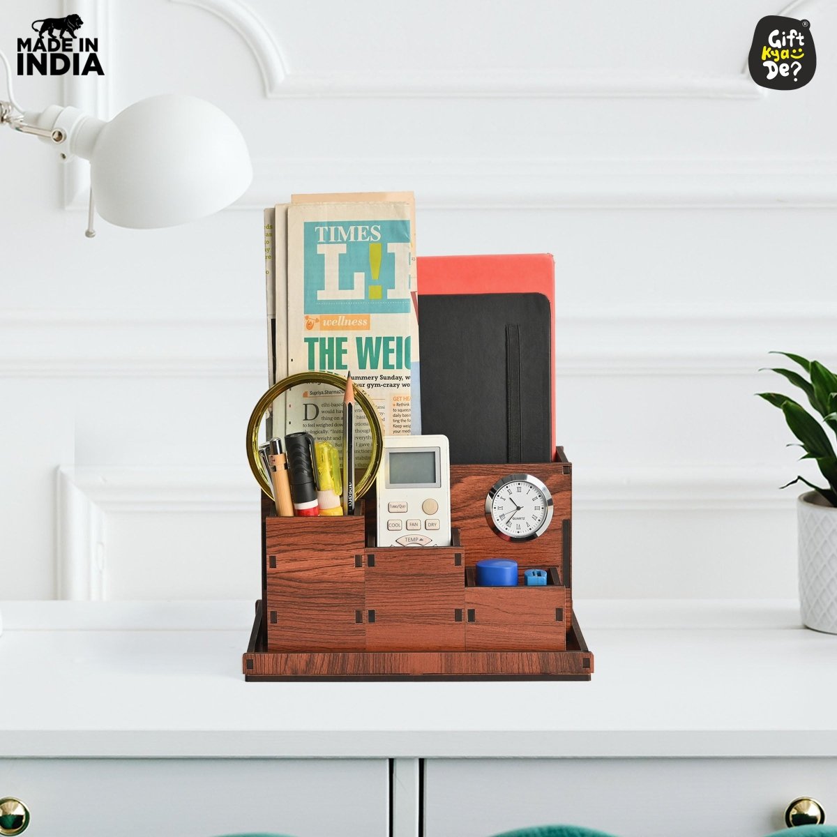 Wooden Multipurpose Desk Organizer | Table Clock | 4 Compartment Organizer