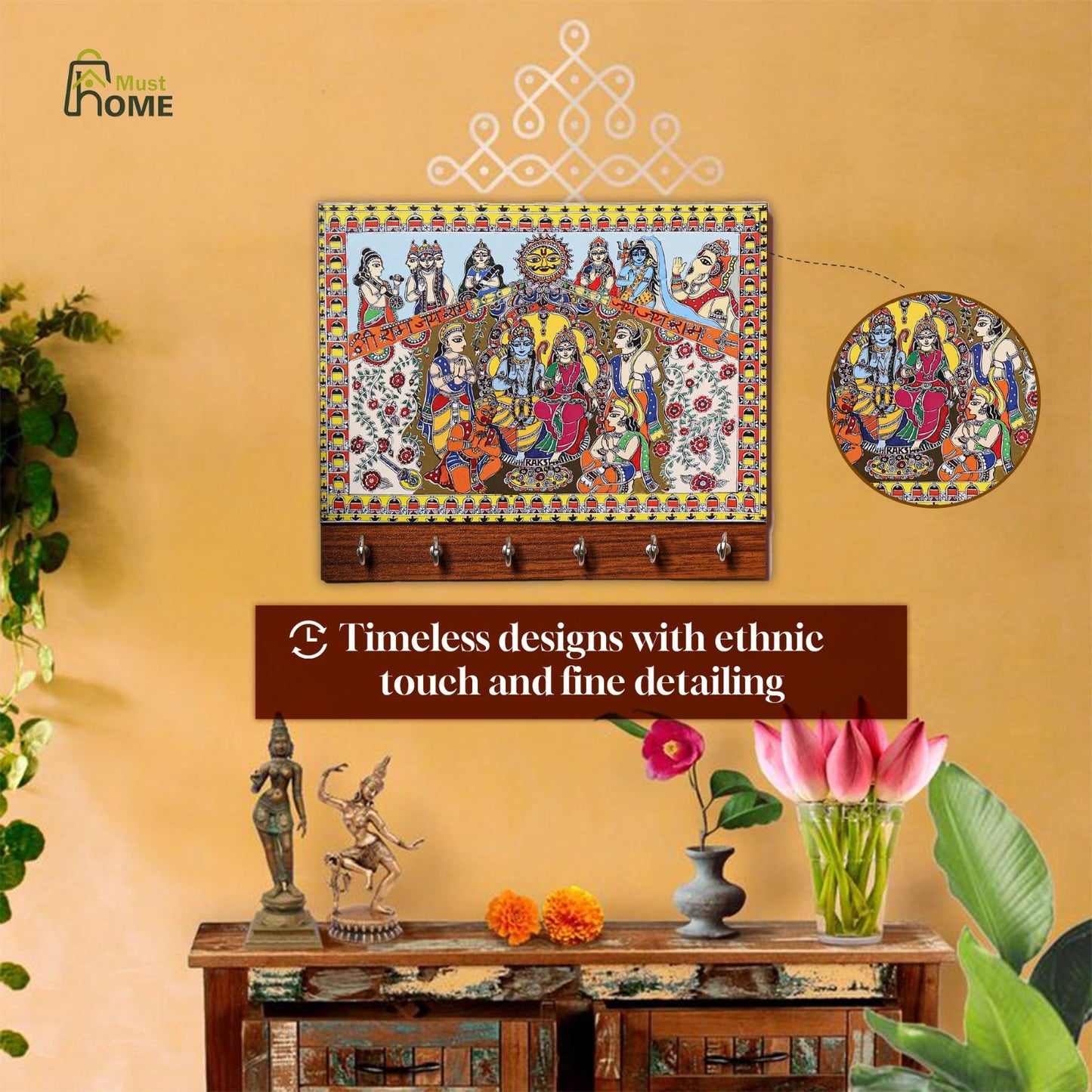 MustHome Premium  Madhubani Lord Ram Family Home Keys Wooden Key Holder