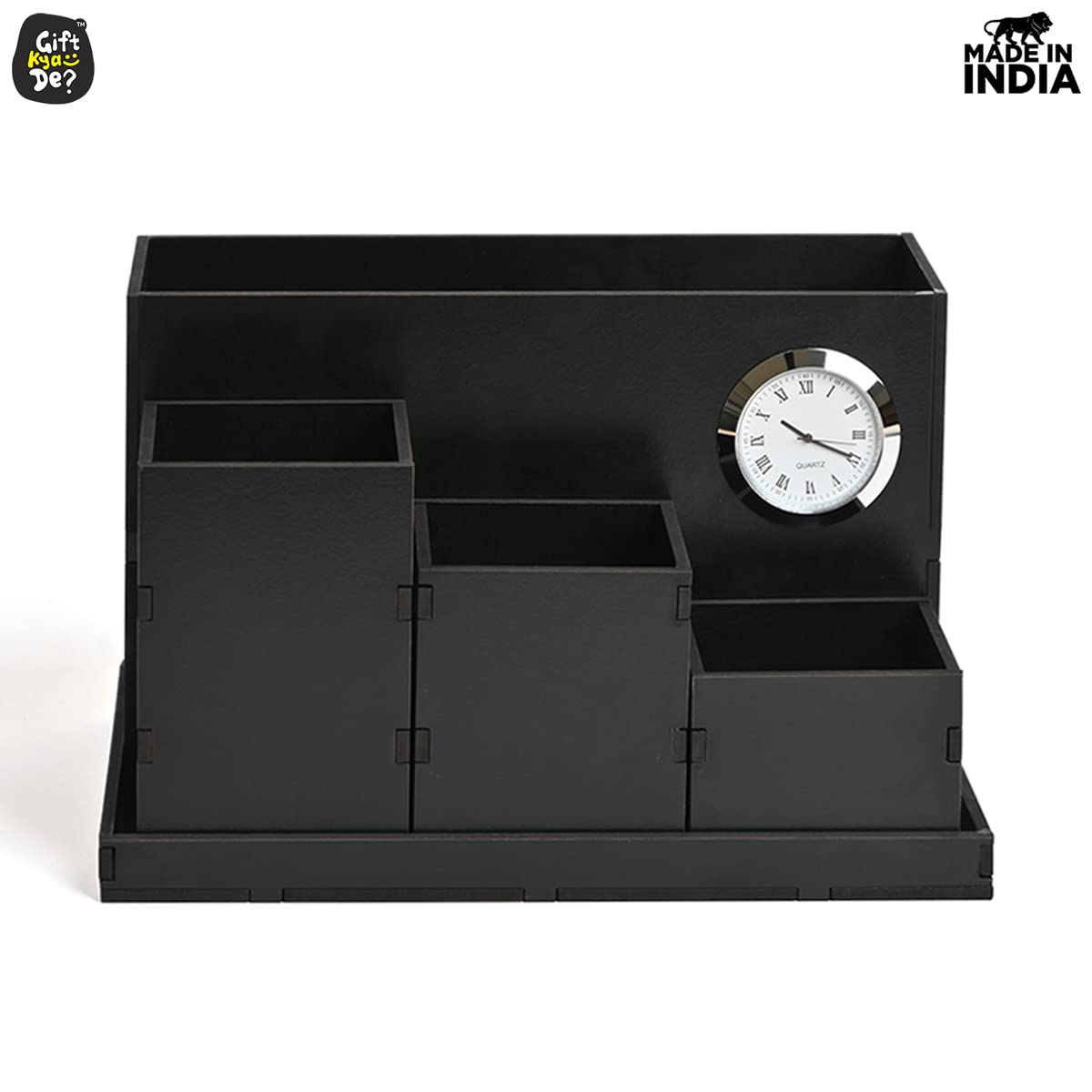Wooden Multipurpose Desk Organizer | Table Clock | 4 Compartment Organizer