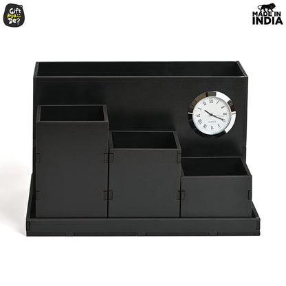 Wooden Multipurpose Desk Organizer | Table Clock | 4 Compartment Organizer