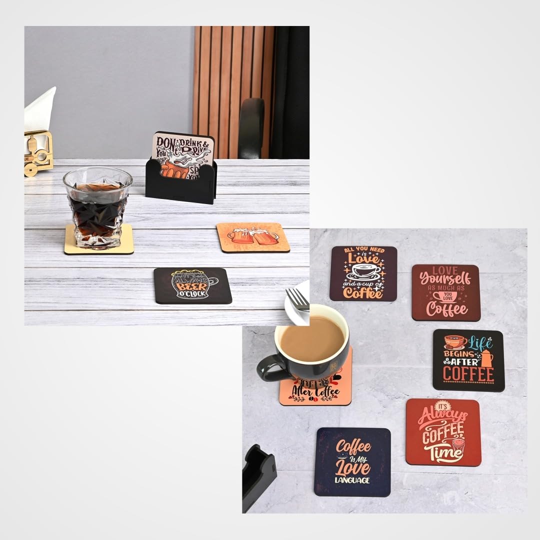 Coaster Set of 12 | Wooden Square Coasters with Proper Coaster Stand | Designer Coaster Set