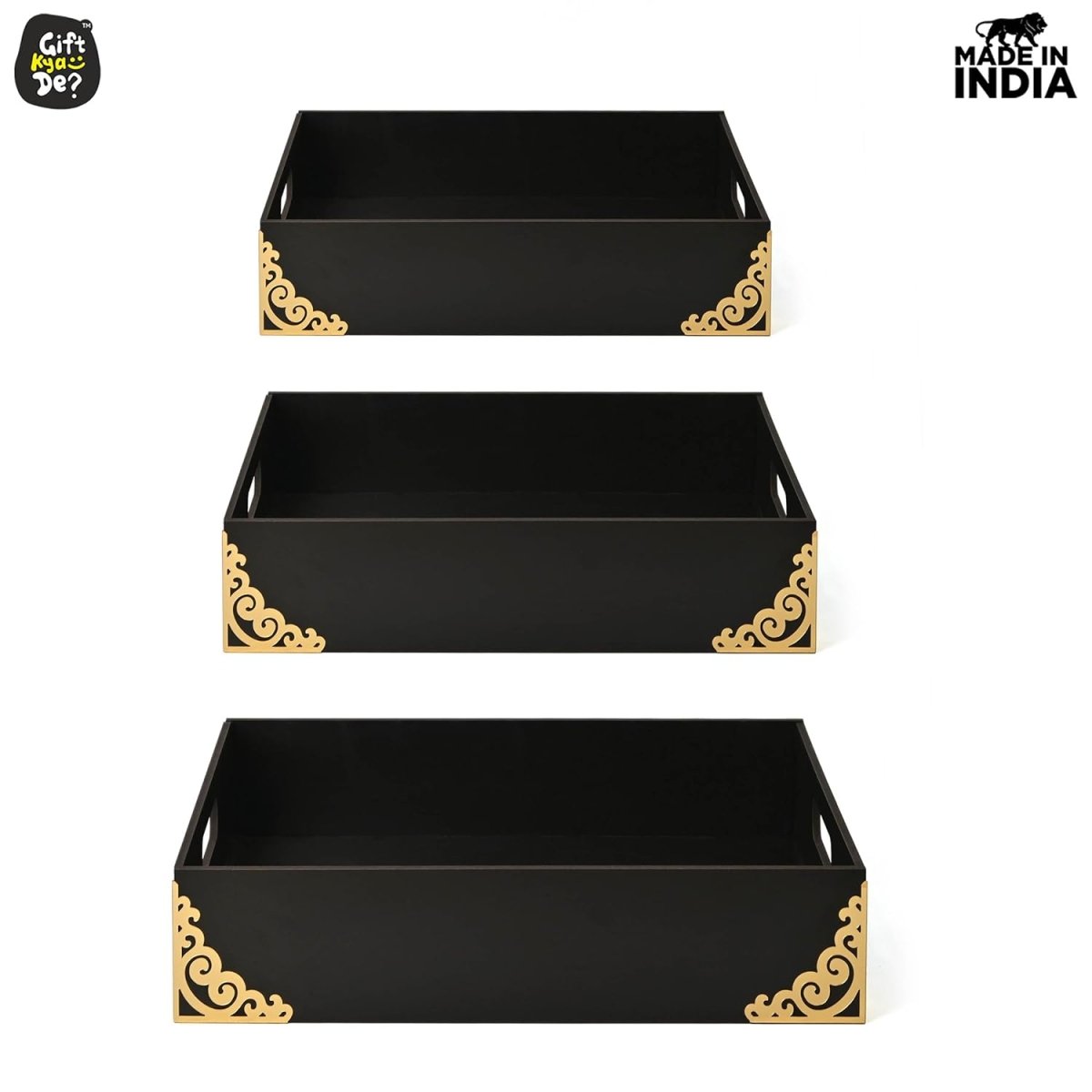 Wooden Tray Set of 3 Premium Baskets for Gift Packing Also Dry Fruits Tray for Serving Chocolates Sweets Cookies, Festival hampers Gift Trays for Wedding (3pc 16x12 14x11 12x9 inch)
