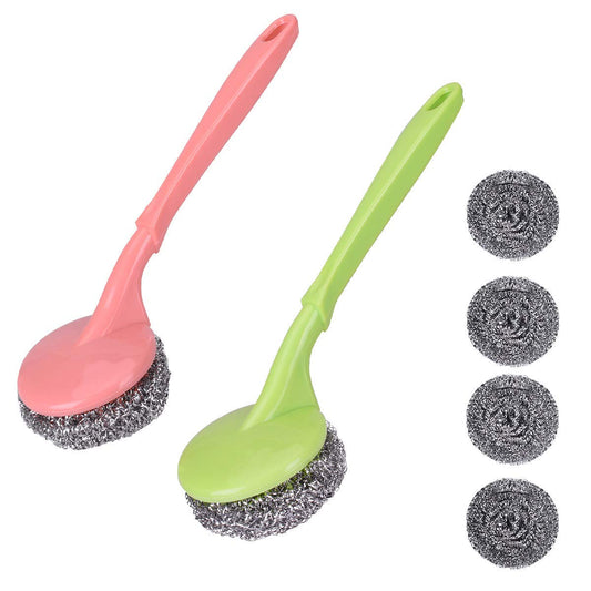 MustHome Stainless Steel Scrubbers with Handle Cleaning Brush | Pack of 2