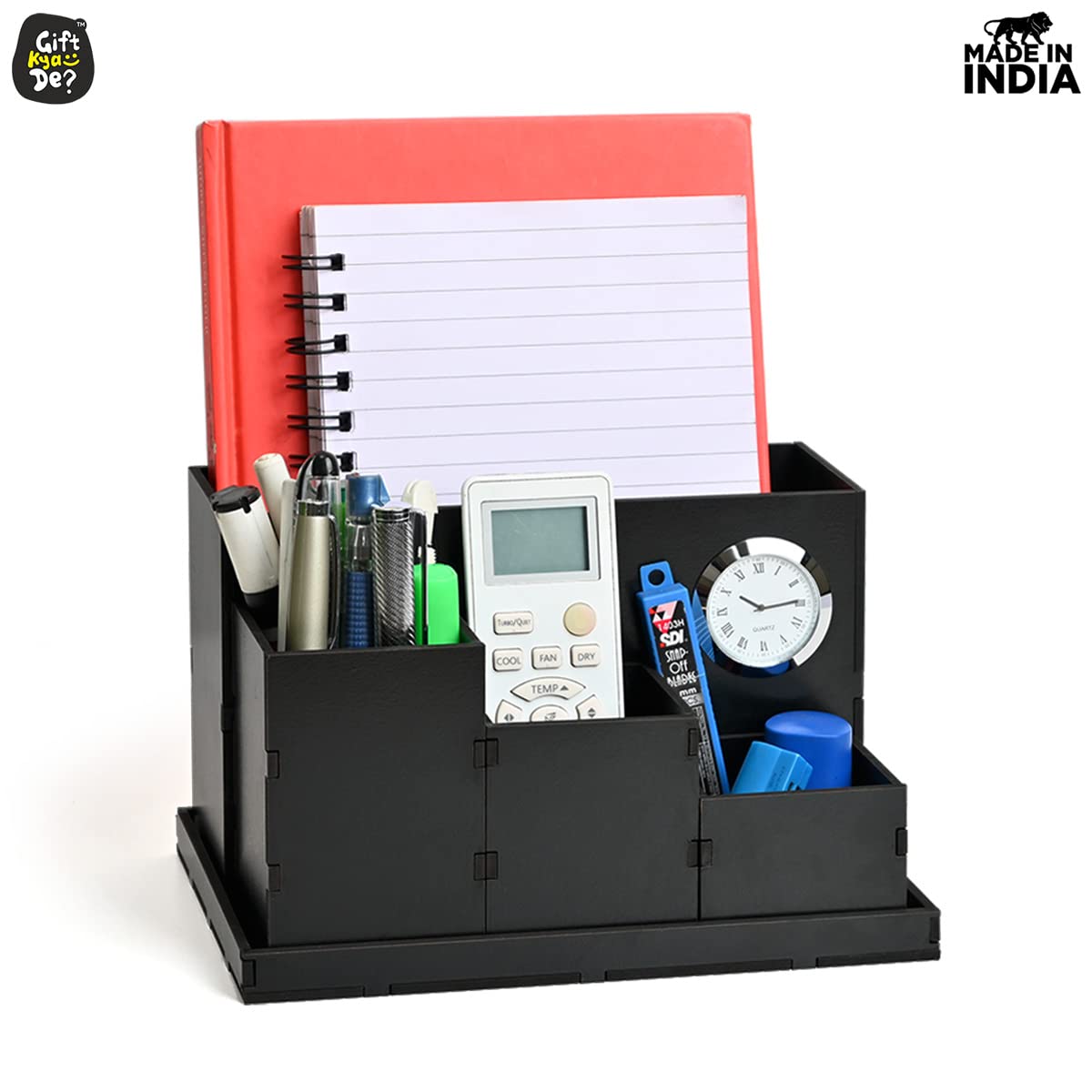 Wooden Multipurpose Desk Organizer | Table Clock | 4 Compartment Organizer