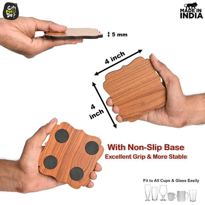 Coaster Set Maharaja & Natural Design | Premium Wooden Table Coasters with Anti Slip Grip | 4 pc Wooden Coasters (4 x 4 inch)