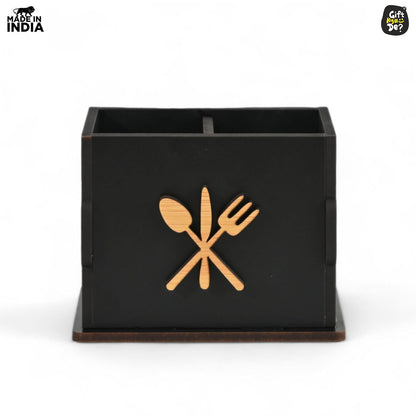 2 Compartments Wooden Cutlery Stand for Kitchen & Dining Table | Spoon, Knife & Fork Holder