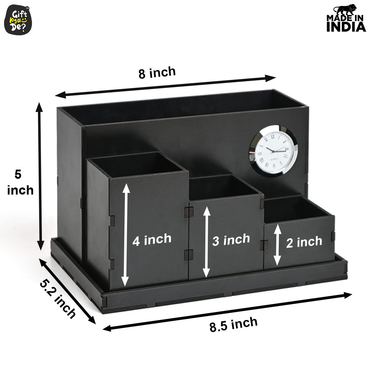 Wooden Multipurpose Desk Organizer | Table Clock | 4 Compartment Organizer