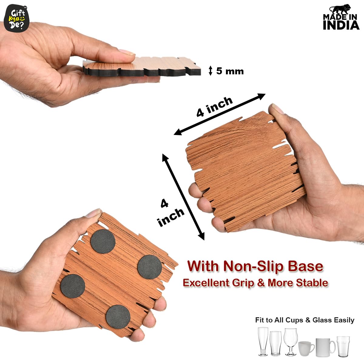 Coaster Set Maharaja & Natural Design | Premium Wooden Table Coasters with Anti Slip Grip | 4 pc Wooden Coasters (4 x 4 inch)