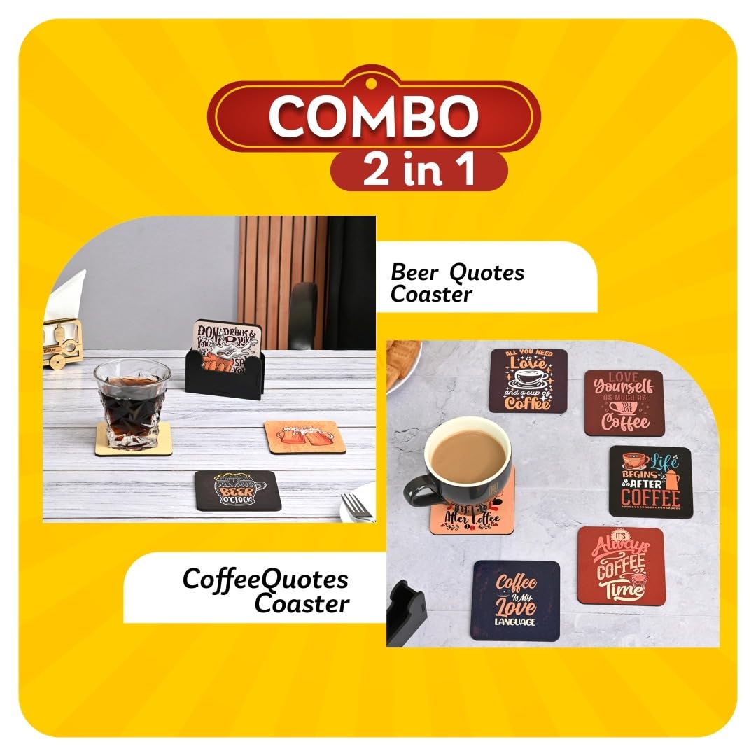 Coaster Set of 12 | Wooden Square Coasters with Proper Coaster Stand | Designer Coaster Set