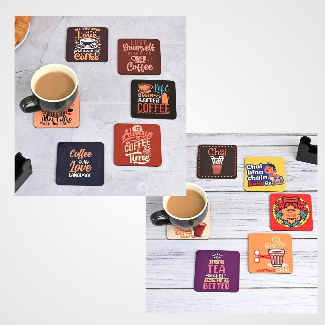 Coaster Set of 12 | Wooden Square Coasters with Proper Coaster Stand | Designer Coaster Set